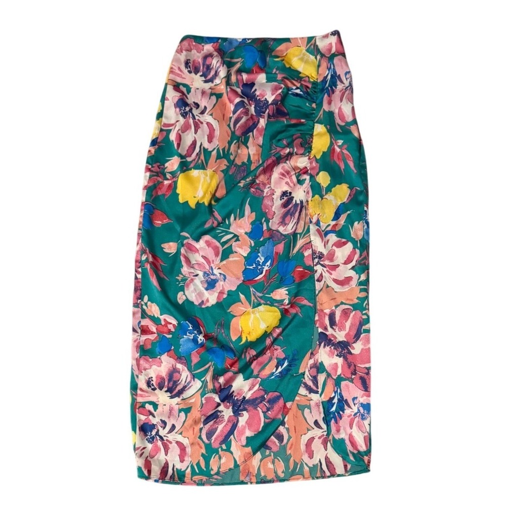 Lulus Teal Green Floral Print Ruched Midi Skirt High Waisted Side Slit Small